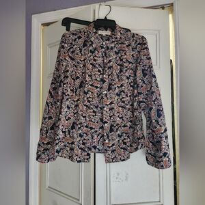Jones New York Pink and Black Long Sleeve Blouse with Mandarin Collar